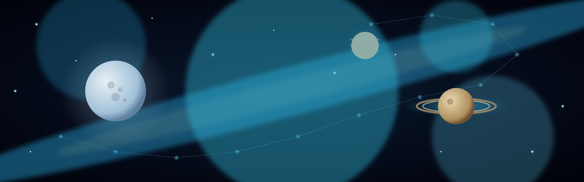 Ciel étoilé astrologique : lune, Saturne, Jupiter et constellation des 12 signes du zodiaque