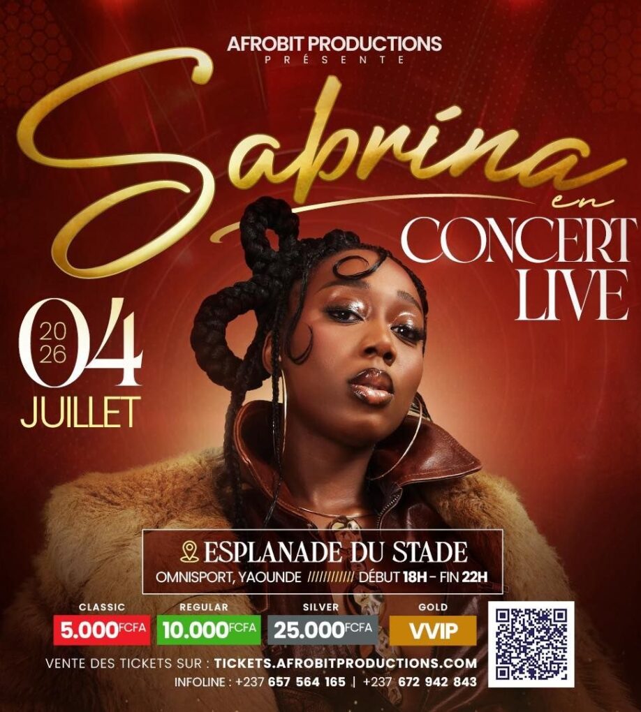 Affiche officielle Sabrina Live — 04 juillet 2026, Esplanade Stade Omnisports Yaoundé. Crédit : Afrobit Productions.