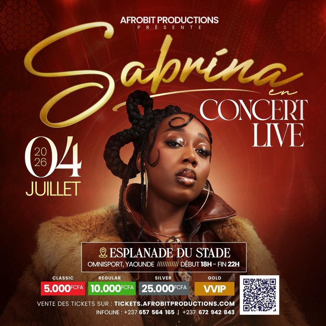 Affiche officielle Sabrina Live — 04 juillet 2026, Esplanade Stade Omnisports Yaoundé. Crédit : Afrobit Productions.