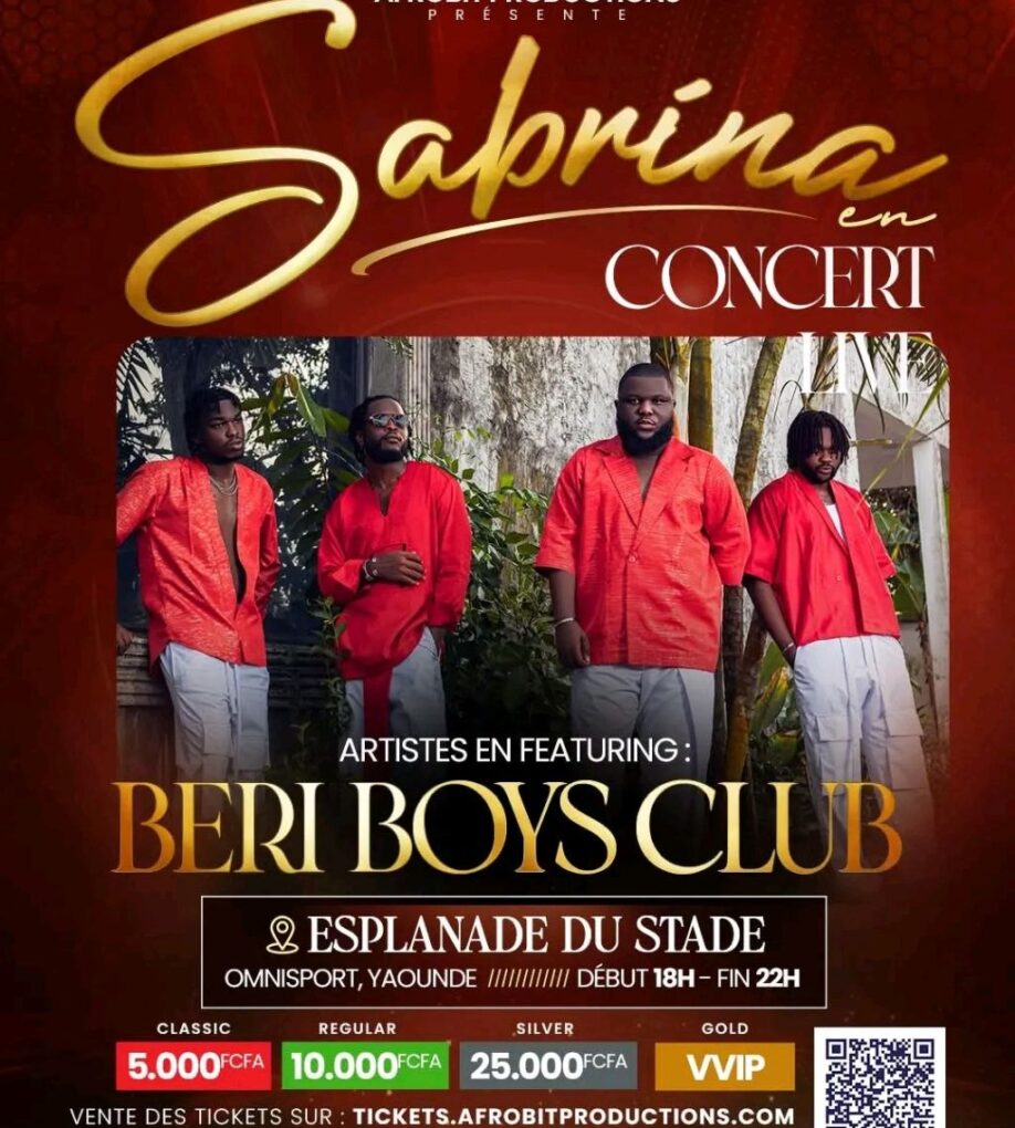 Affiche officielle Beri Boys Club × Sabrina Live — 04 juillet 2026, Esplanade Stade Omnisport Yaoundé. Crédit : Afrobit Productions.