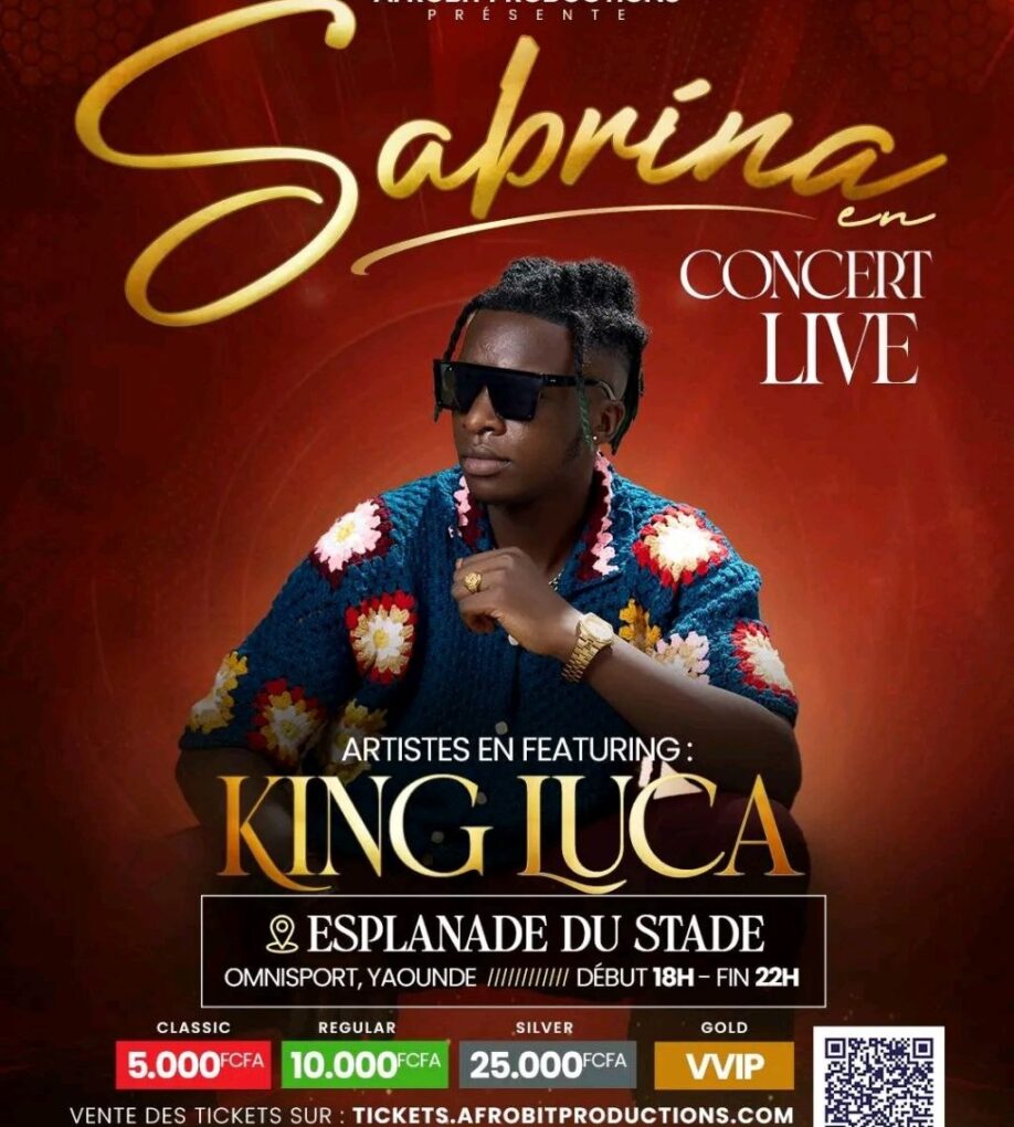Affiche officielle King Luca × Sabrina Live — 04 juillet 2026, Esplanade Stade Omnisport Yaoundé. Crédit : Afrobit Productions.